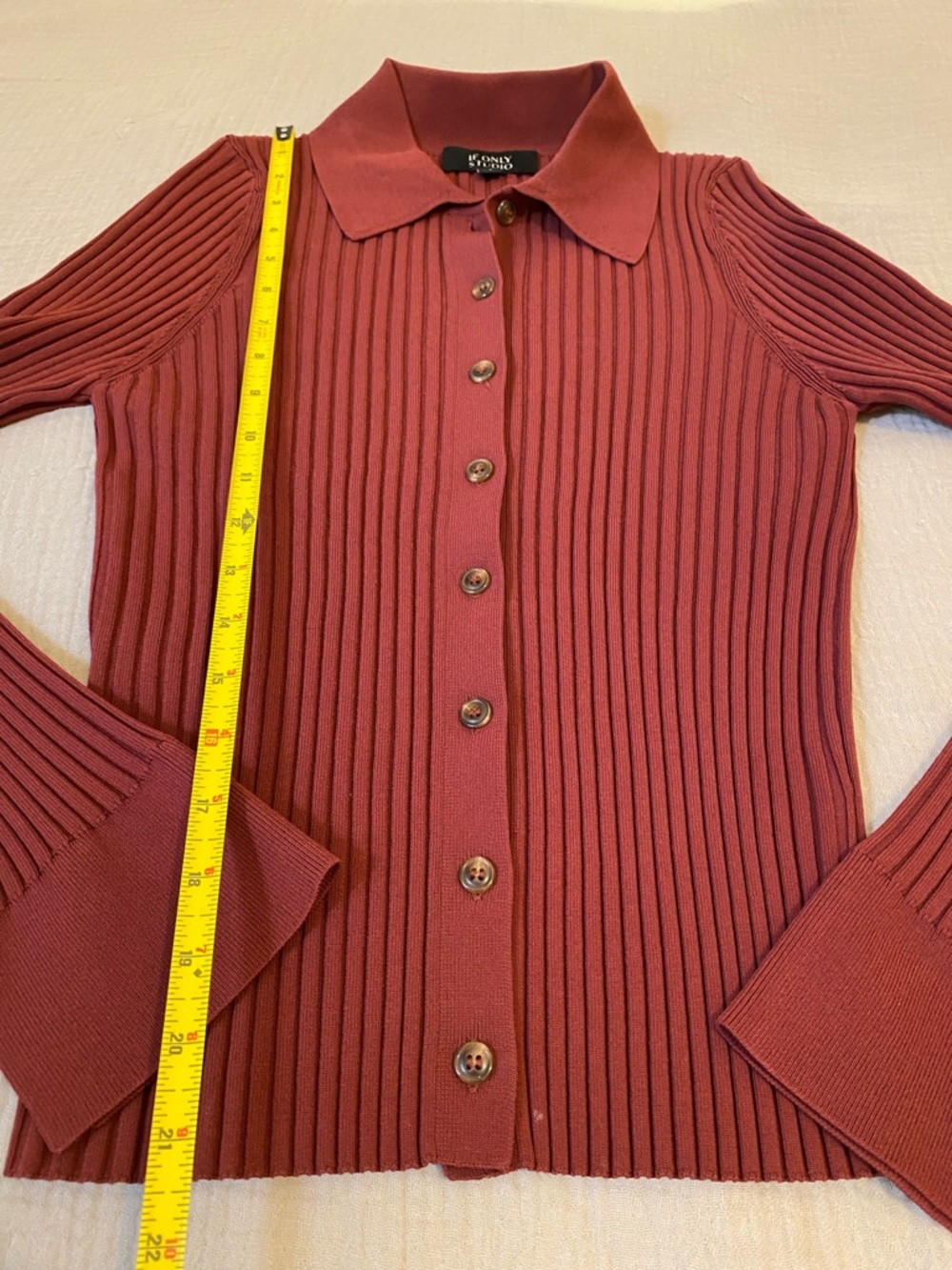 IF ONLY STUDIO  Burgundy Ribbed Button-Down Polo SWEATER. Size S - Picture 4 of 7